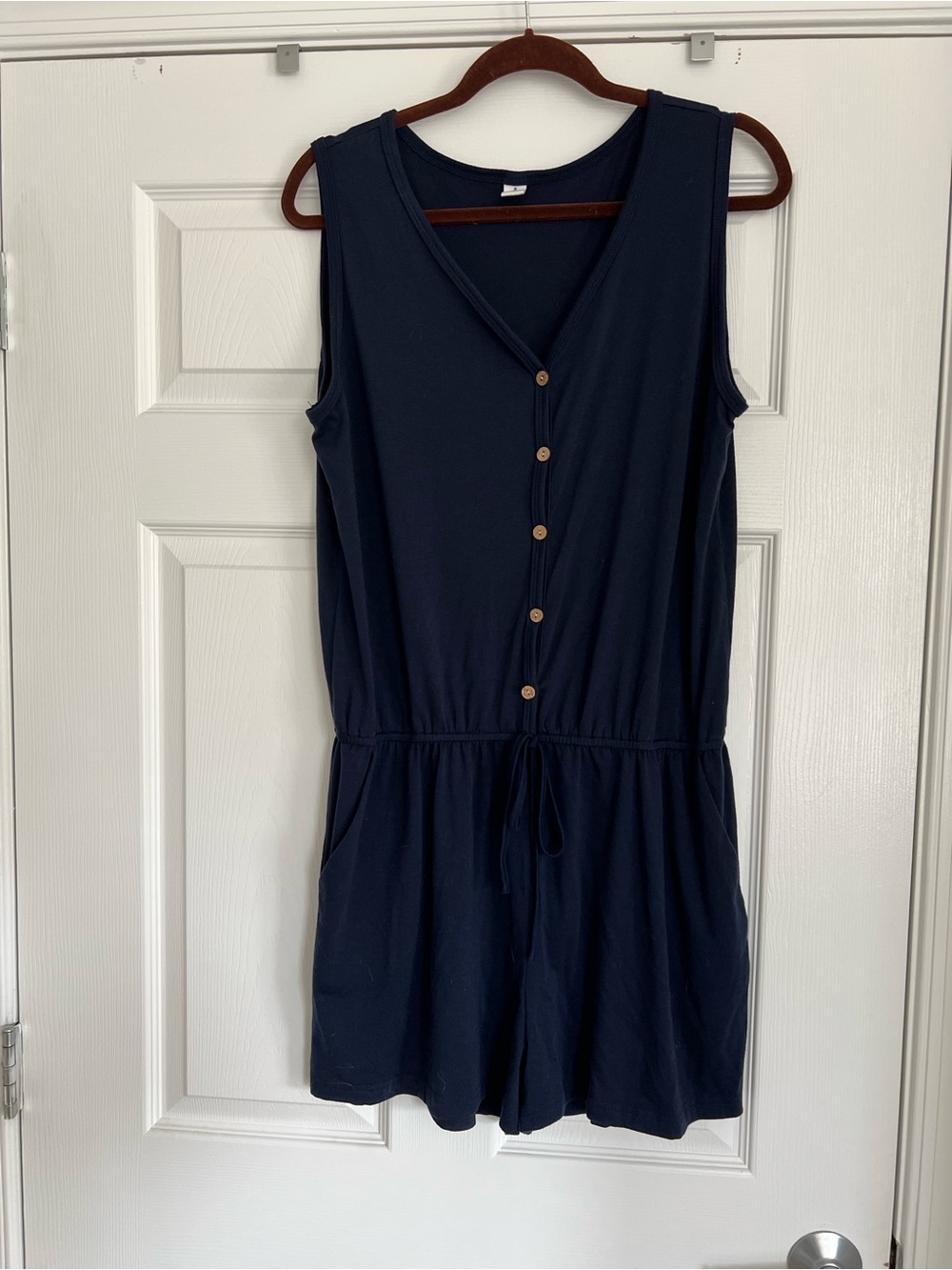 Sleeveless Navy Button-Front Drawstring Romper